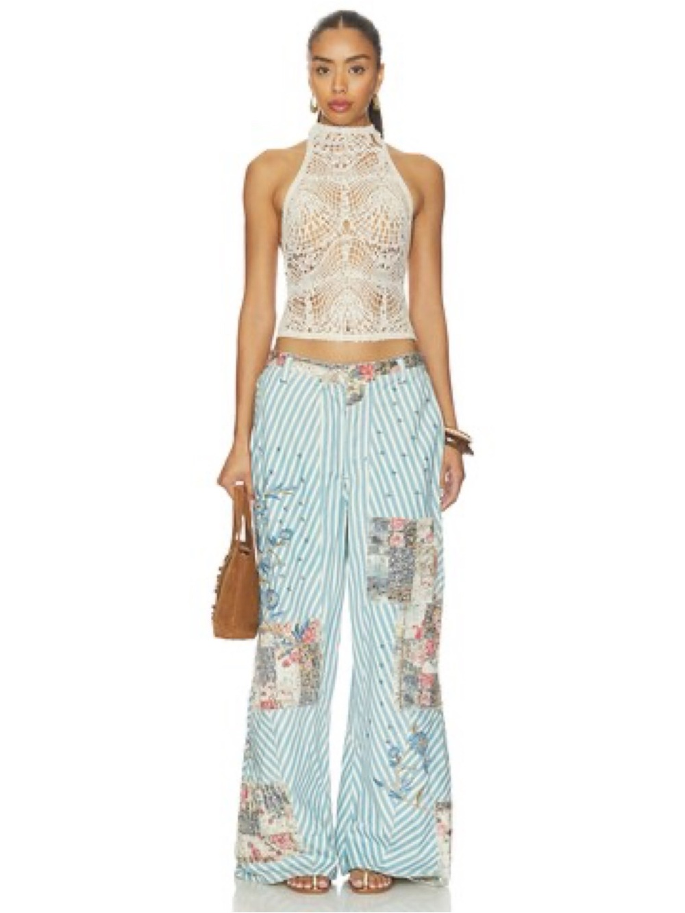Free People Blue & White Striped Wide Leg Patchwork Jeans - Picture 4 of 16